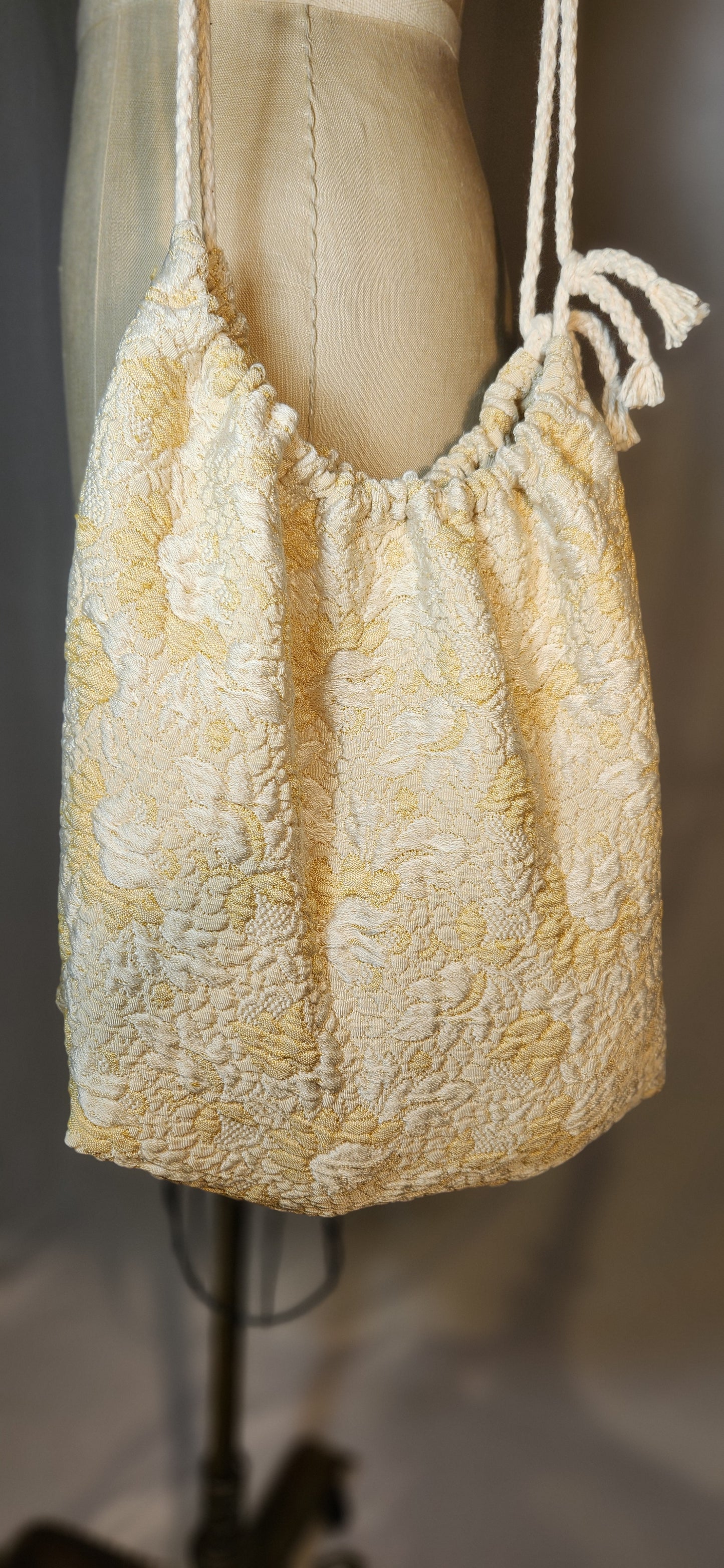 Close-up of a textured beige shoe with a blurred background