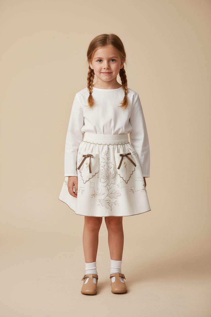Vintage-Half Apron-white-beige-embroidered with Bows