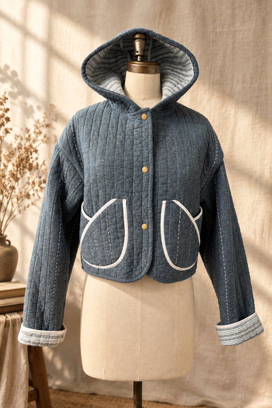 Denim Quilted Quilted Cropped Jacket with Hood | Upcylced Quilt