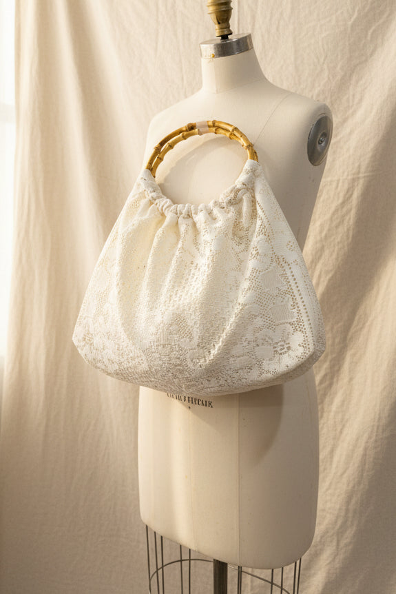 Upcycled Bag– Ivory Lace Bag with Bamboo Handals | Summer Lace