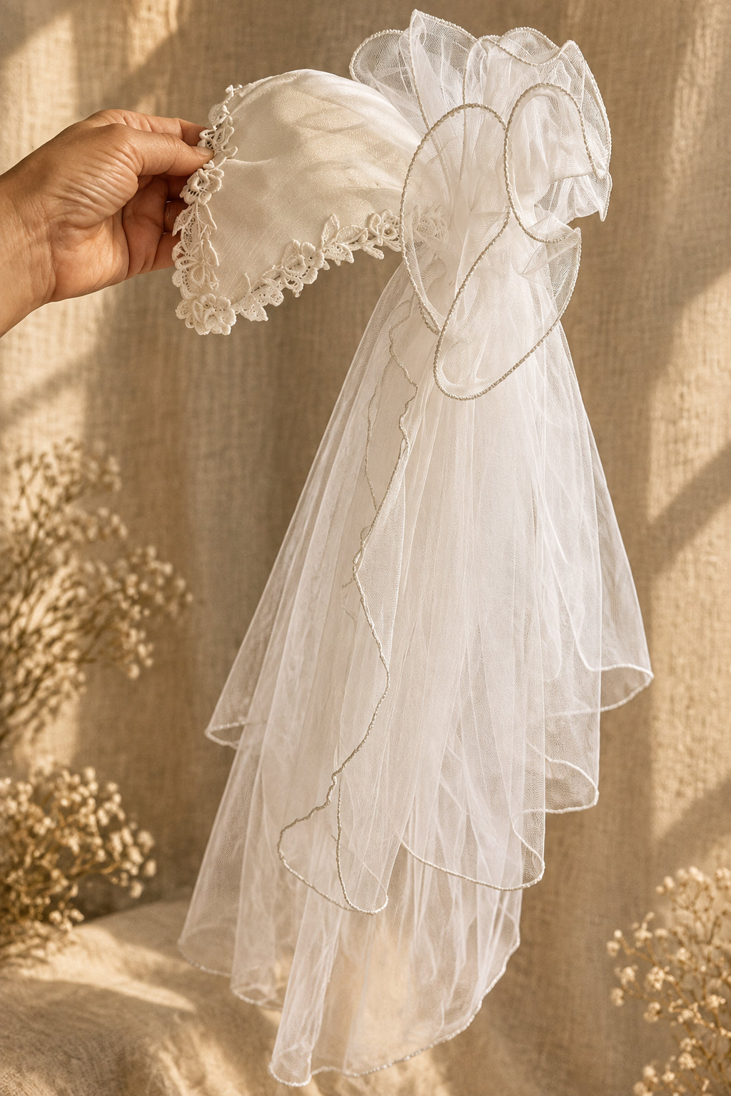 Vintage 1980s Beaded Wedding Gown with Matching Veil | Estimated Size 4