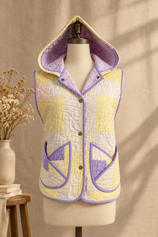 A hooded quilted vest displayed on a dress form mannequin. The vest features a pastel patchwork design with yellow, lavender purple, and white panels, trimmed with purple.
