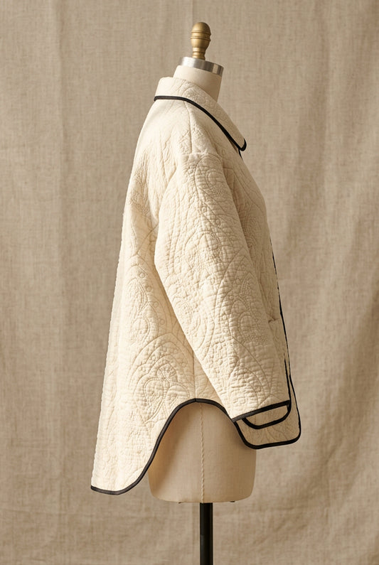 Beige Quilt Jacket w/Black Trim