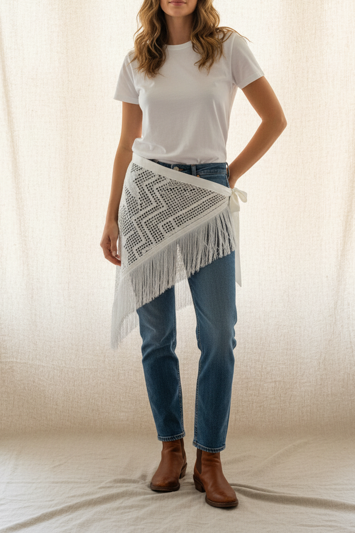 Ivory Crochet Hip Scarf with Fringe | Upcycled Crochet Table Linen
