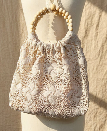 Beige Crochet Square bottom Lace Bag with Wood Bead Handles | Vintage Cottagecore Bag