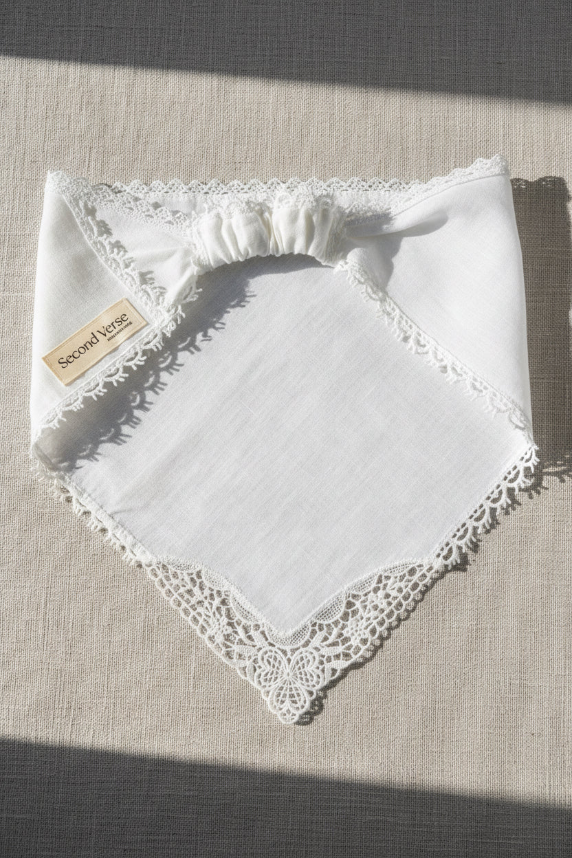 Upcycled Linen Hair Scarf– White Linen Embroidered Head Scarf| Quiet Heirlooms