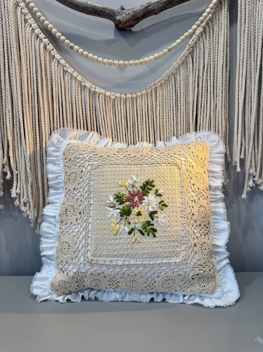 Vintage Crochet Lace Pillow Cover | Ribbon Embroidered Throw Pillow | Quiet Heirloom 20”x20”