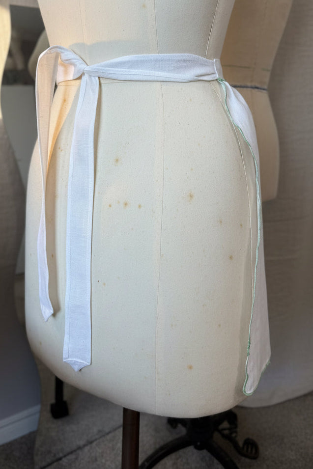 Vintage-Half Apron-White Linen Shamrock Embroidery