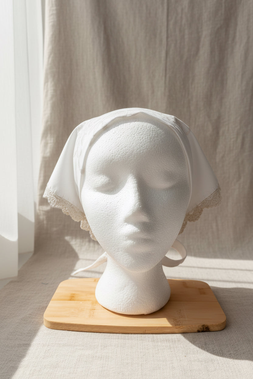 White Cotton Hair Scarf with Embroidery | Upcycled Embroidered Linen