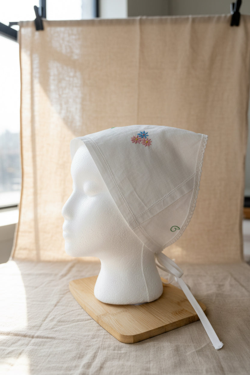 Soft White Linen Hair Scarf | Upcycled Vintage Embroidered Tea Towel