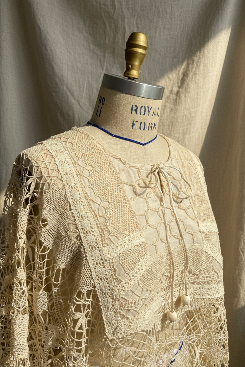 Cream Crochet Lace Poncho | Upcycled Vintage Lace Table Linen