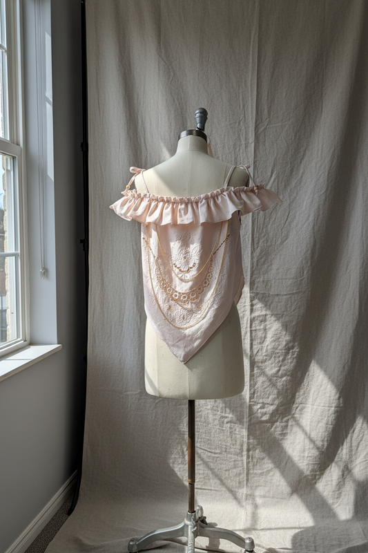 Backview of an Avocado dyed vintage linen off shoulder top with embroidered handkerchief hem from the Quiet Heirlooms sustainable fashion collection.