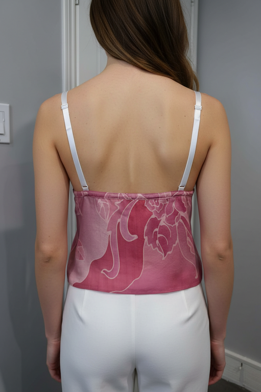 Pink floral top on a mannequin with a plain background