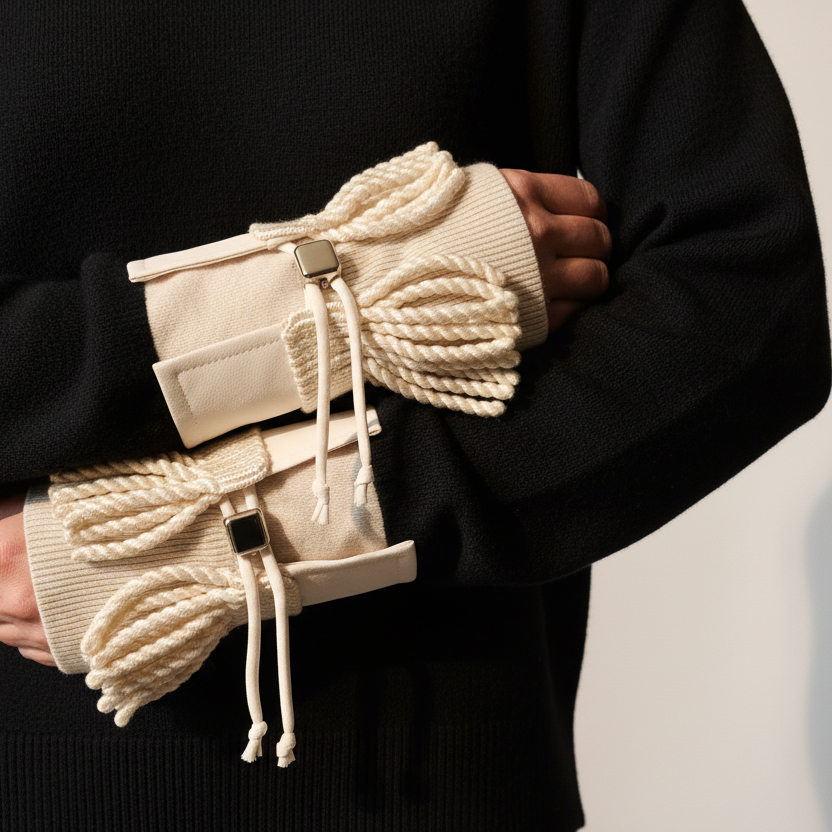 Person wearing cream knitted gloves with a black background