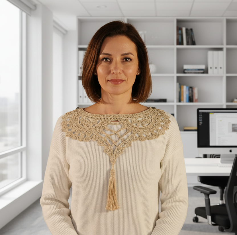 Woman wearing a cream sweater with intricate beaded neckline against a plain background