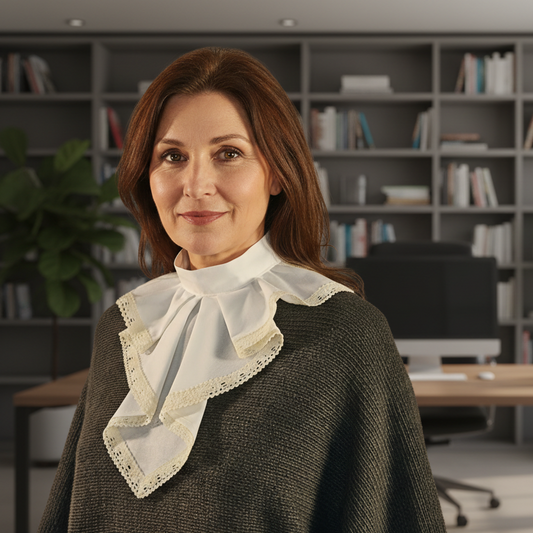 woman wearing a whtie jabot