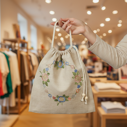 Vintage Romance Embroidered Drawstring Bag