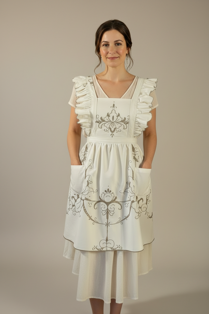 Vintage Apron - White & beige Embroidered with Ruffles
