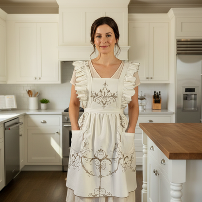 Vintage Apron - White & beige Embroidered with Ruffles