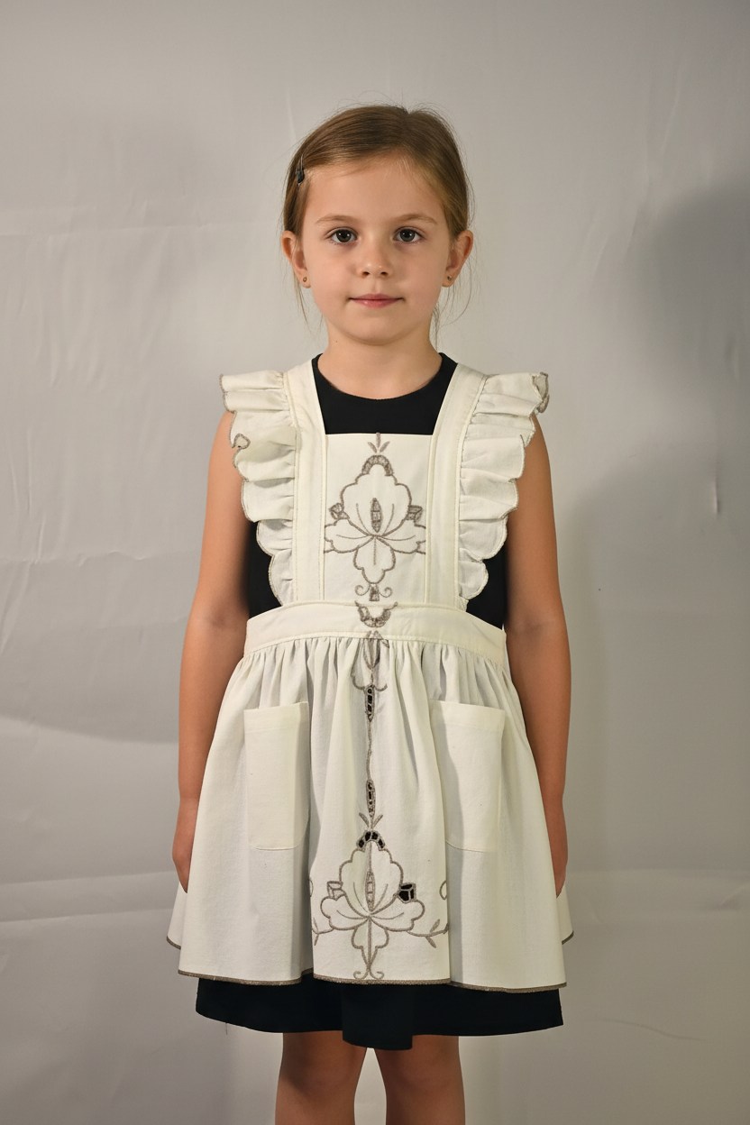 Vintage Apron - White & beige Embroidered with Ruffles