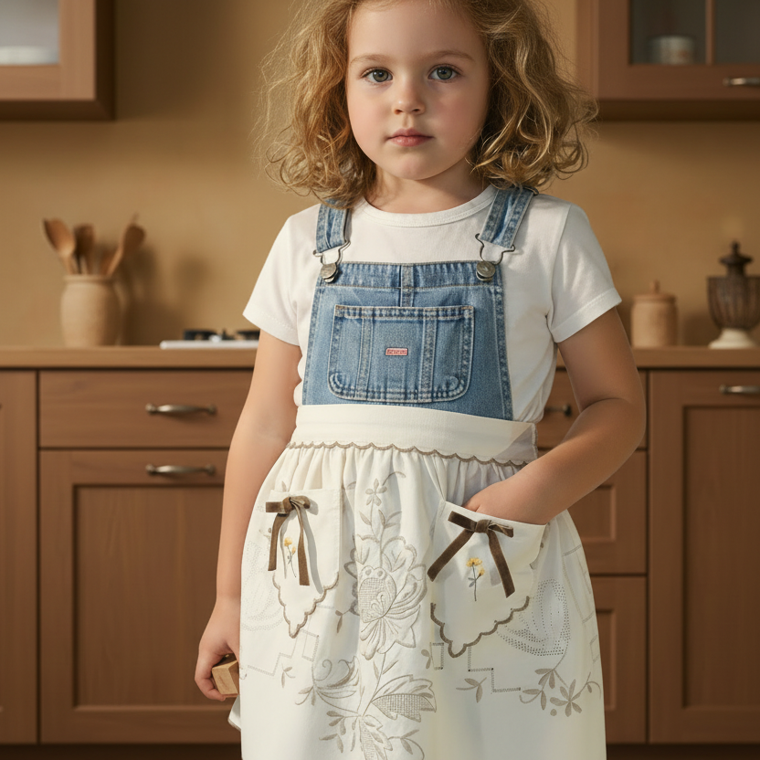 Vintage-Half Apron-white-beige-embroidered with Bows