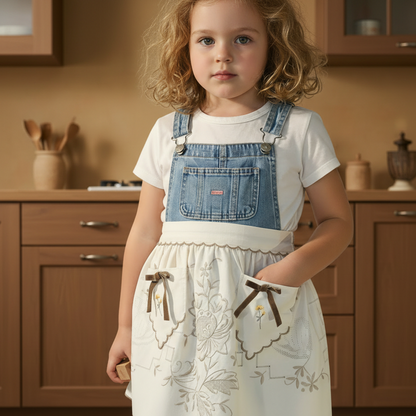 Vintage-Half Apron-white-beige-embroidered with Bows