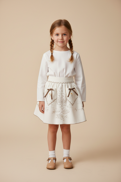 Vintage-Half Apron-white-beige-embroidered with Bows