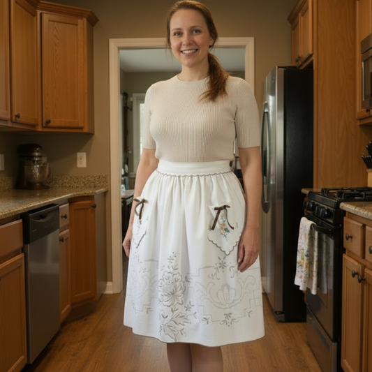 Vintage-Half Apron-white-beige-embroidered with Bows