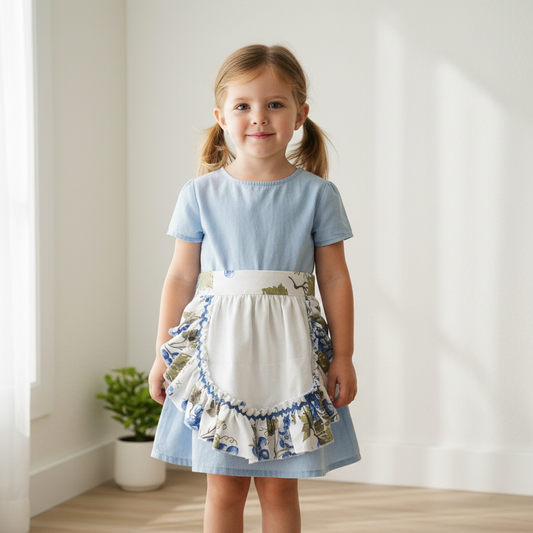 Young girl wearing a light blue dress with a floral apron in a bright room.