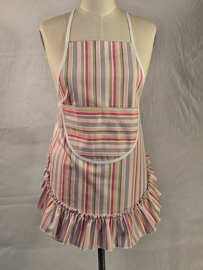 Vintage-Striped Bib Apron with ruffles