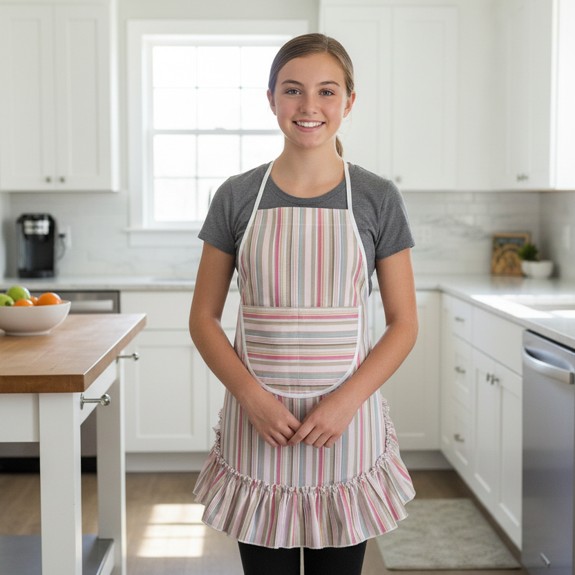 Vintage-Striped Bib Apron with ruffles