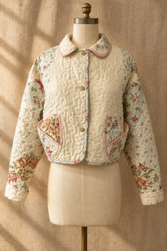 Patchwork Quilted Cropped Jacket with Collar | Upcylced Quilt
