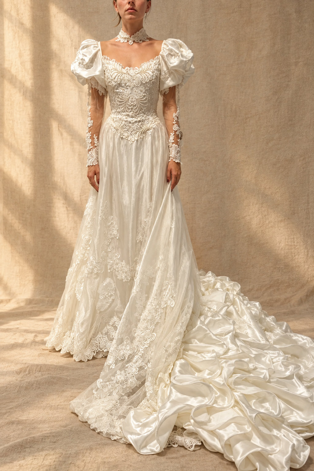 Vintage 1980s Beaded Wedding Gown with Matching Veil | Estimated Size 4