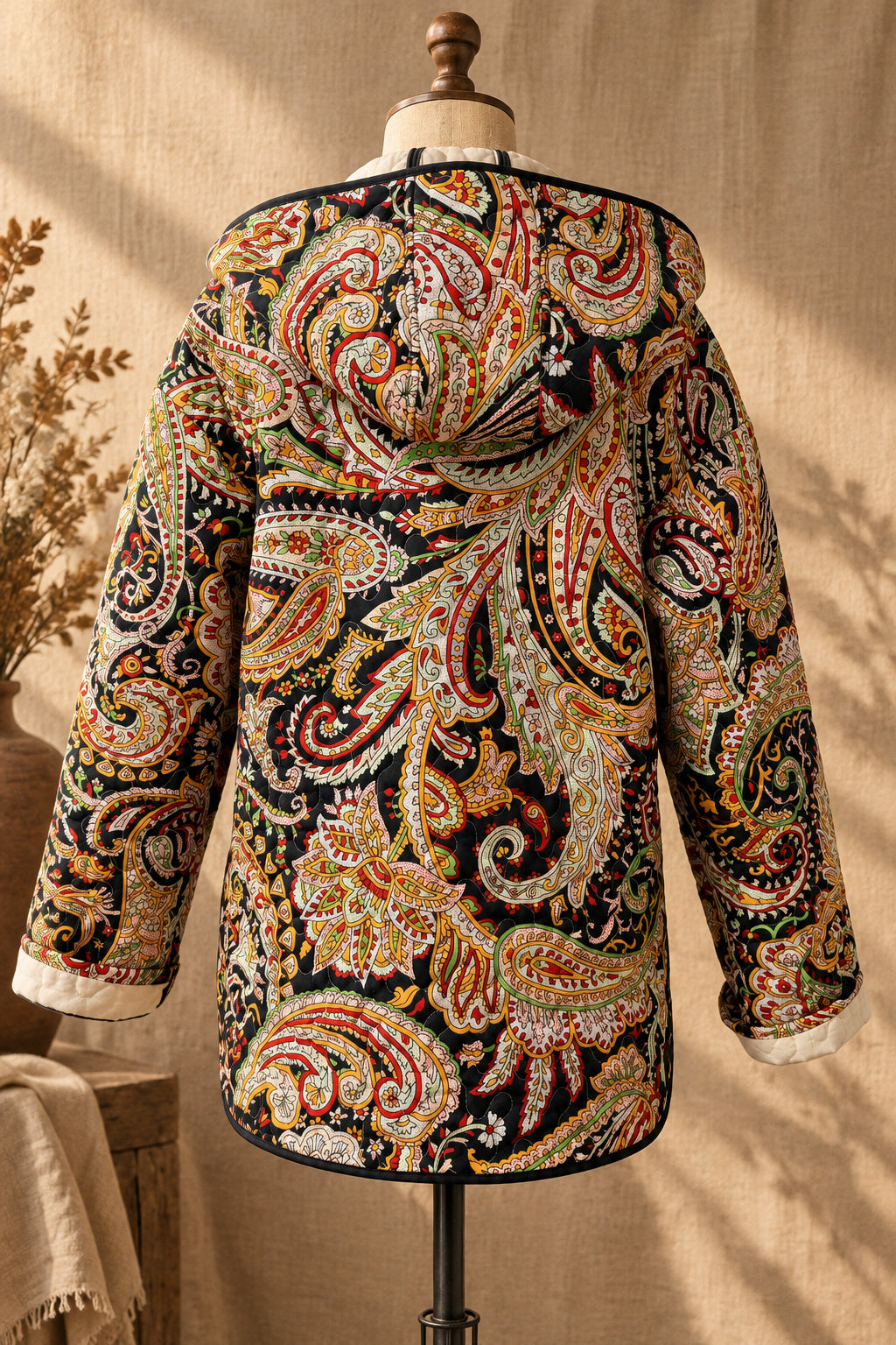 Black Paisley Quilted Coat with Hood | One-of-a-Kind Quilt