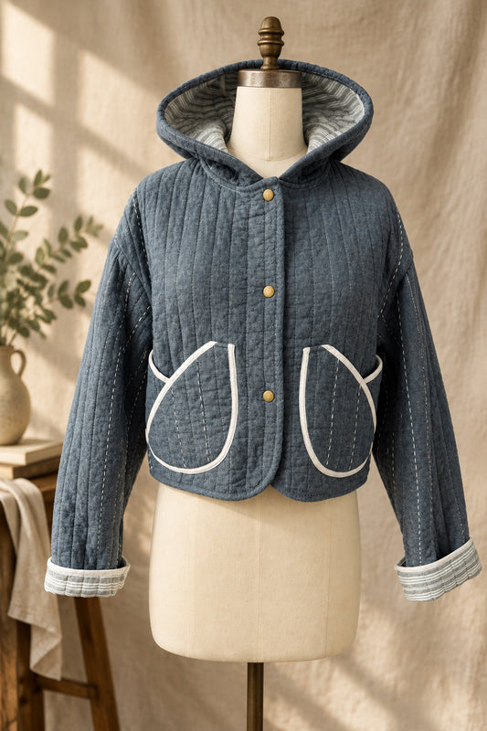 Denim Quilted Quilted Cropped Jacket with Hood | Upcylced Quilt