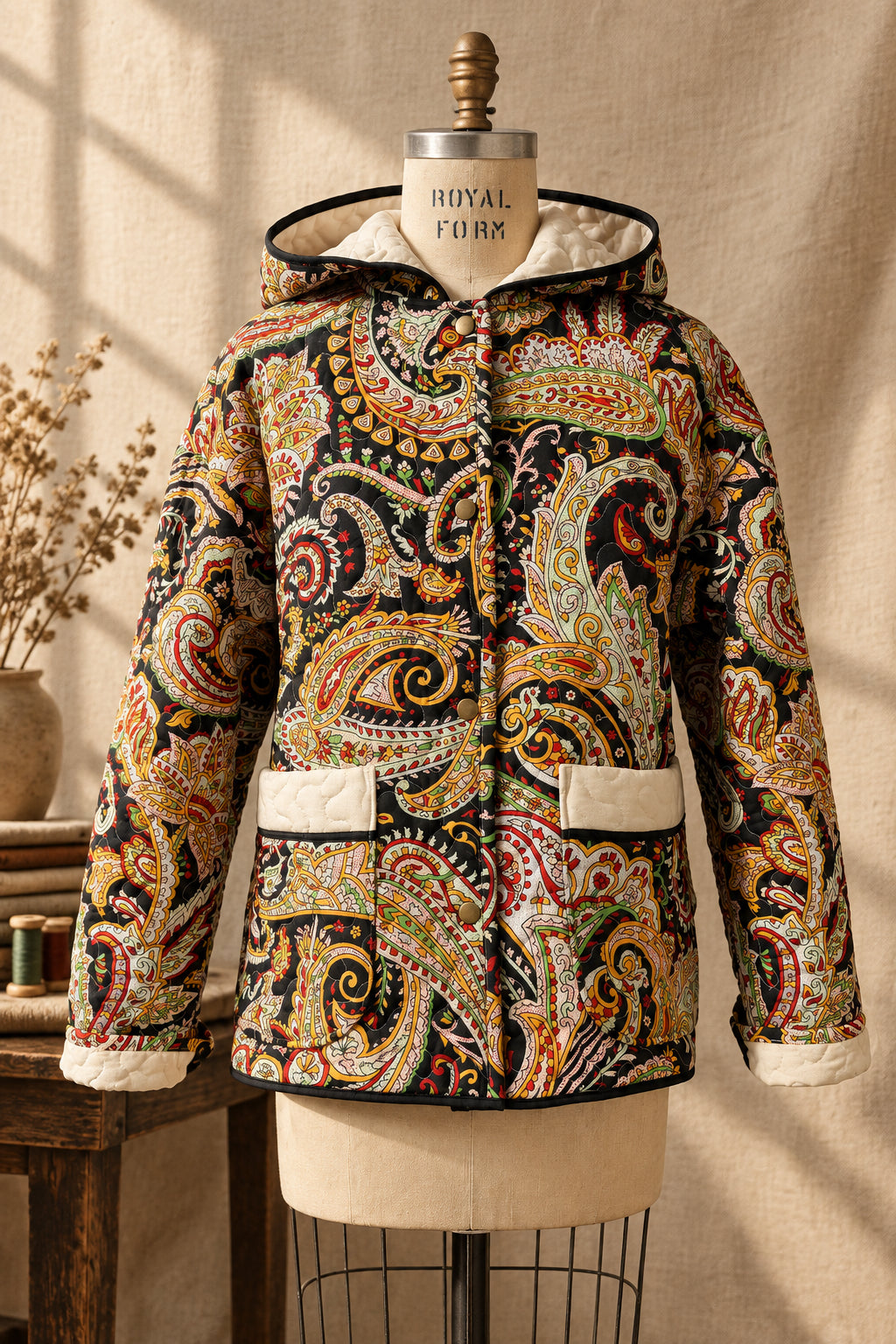 Black Paisley Quilted Coat with Hood | One-of-a-Kind Quilt