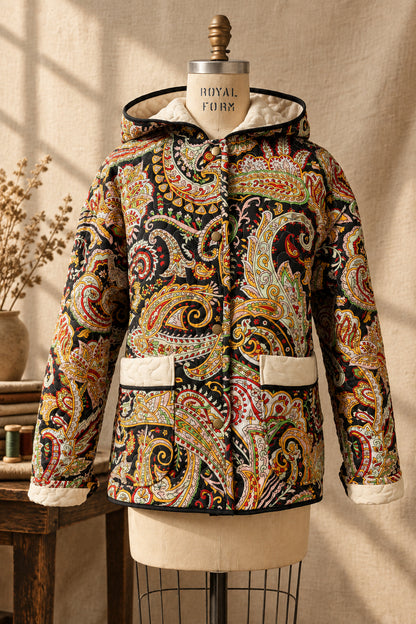 Black Paisley Quilted Coat with Hood | One-of-a-Kind Quilt