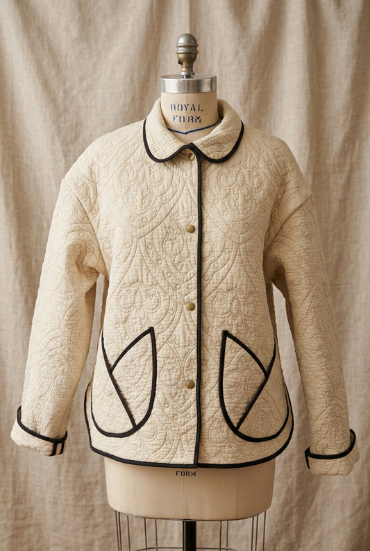 Beige Quilt Jacket w/Black Trim