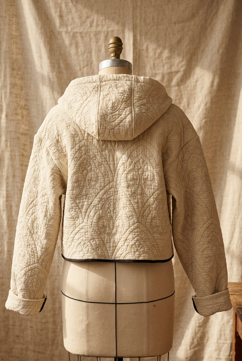 Beige Quilted Crop Jacket w/Hood