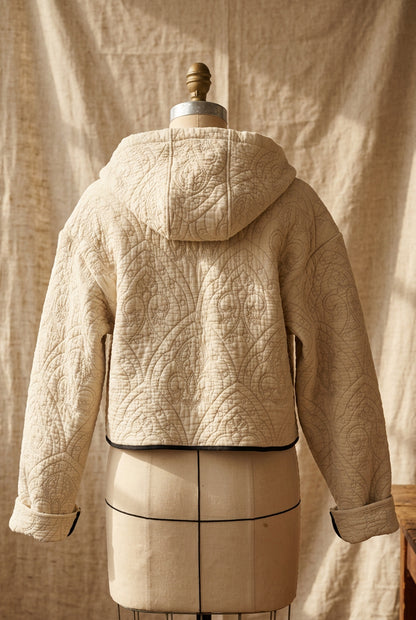 Beige Quilted Crop Jacket w/Hood