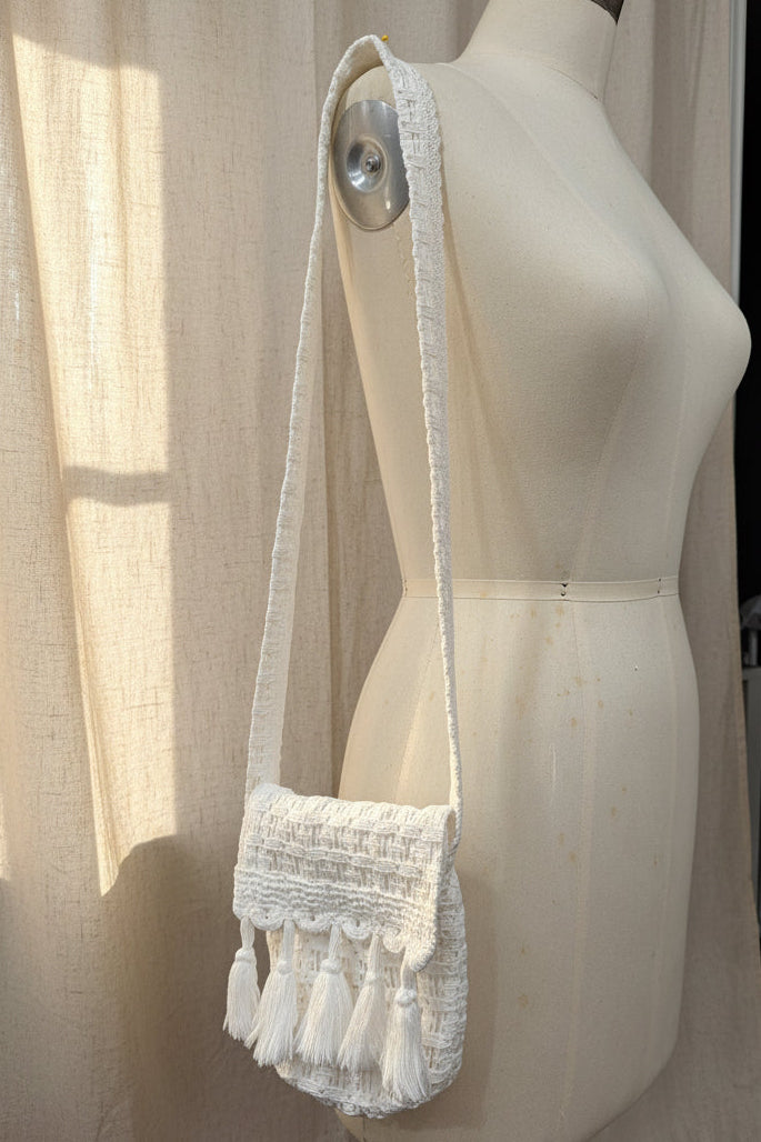 White Crochet Lace Purse with Tassels | Upcycled Cotton Bed Spread