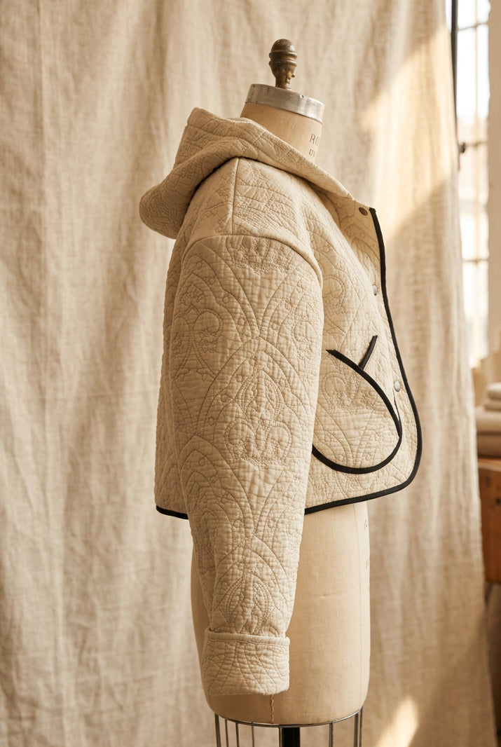 Beige Quilted Crop Jacket w/Hood