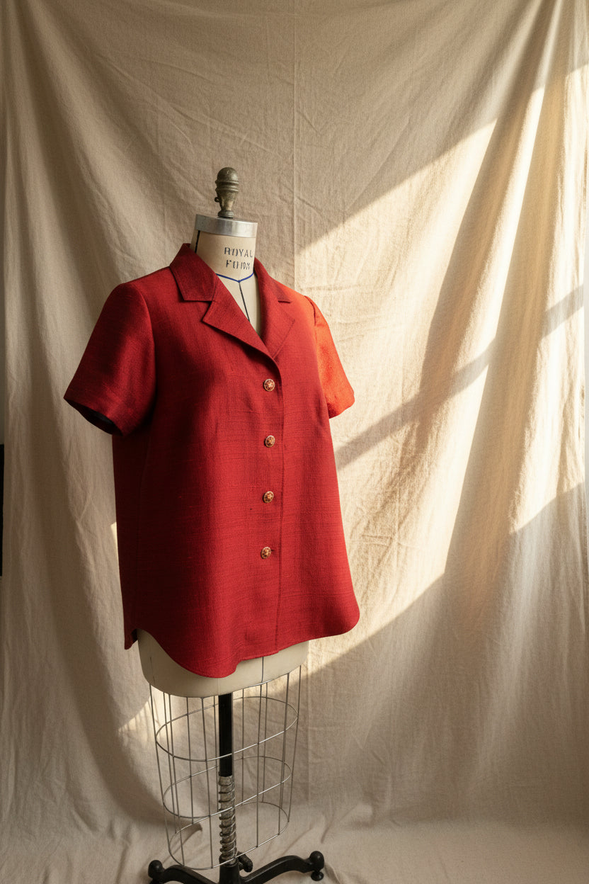 Red short-sleeve jacket on a mannequin against a plain wall.