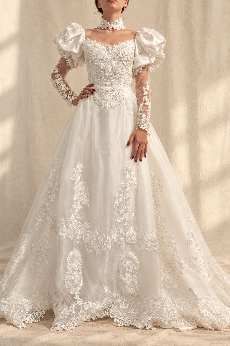 Vintage 1980s Beaded Wedding Gown with Matching Veil | Estimated Size 4