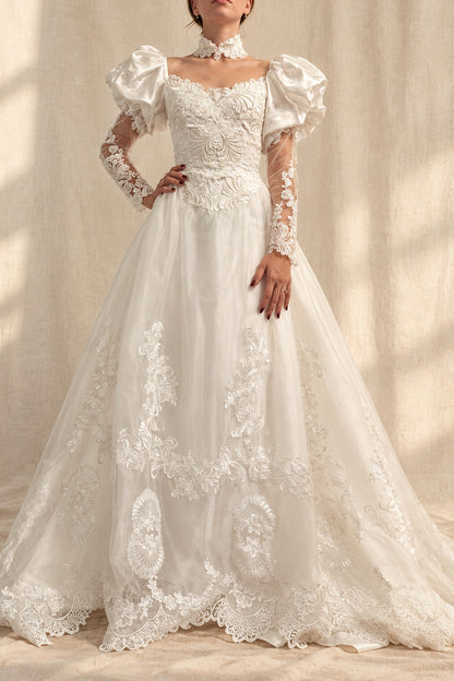 Vintage 1980s Beaded Wedding Gown with Matching Veil | Estimated Size 4