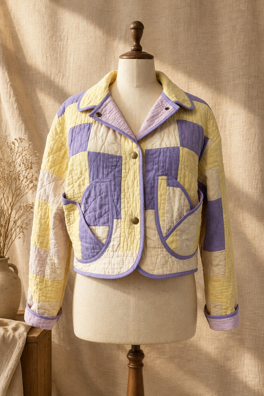 Pastel Patchwork Cropped Quilted Coat | One-of-a-Kind Vintage Quilt
