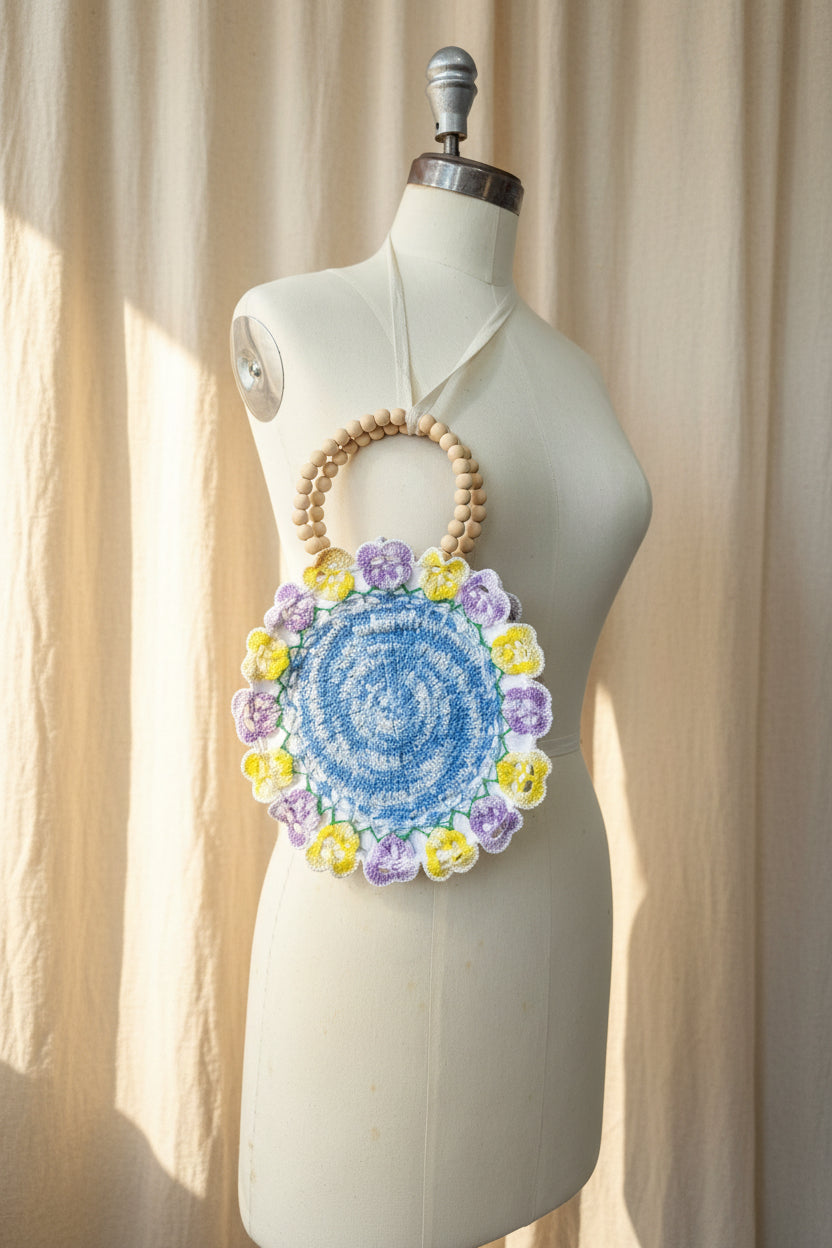 Vintage Blue Doily Purse with Wooden Bead Handles | Crochet Lace Cottagecore Bag | Quiet Heirlooms