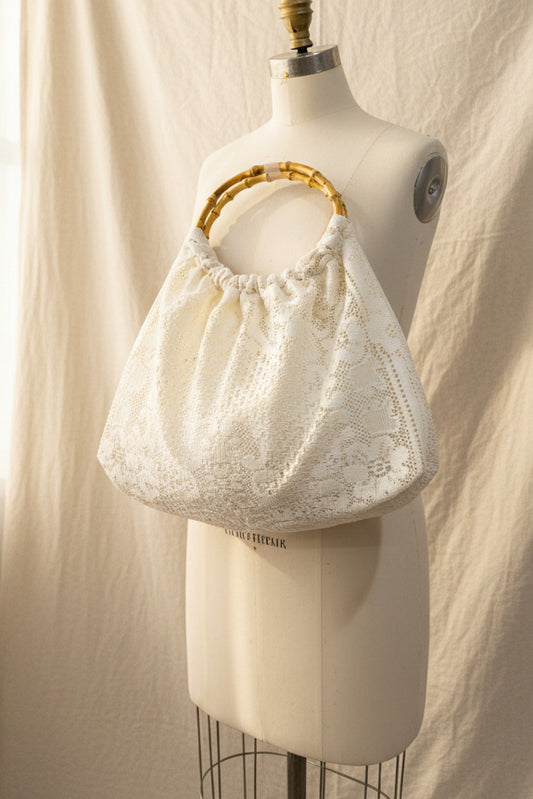 Upcycled Bag– Ivory Lace Bag with Bamboo Handals | Summer Lace
