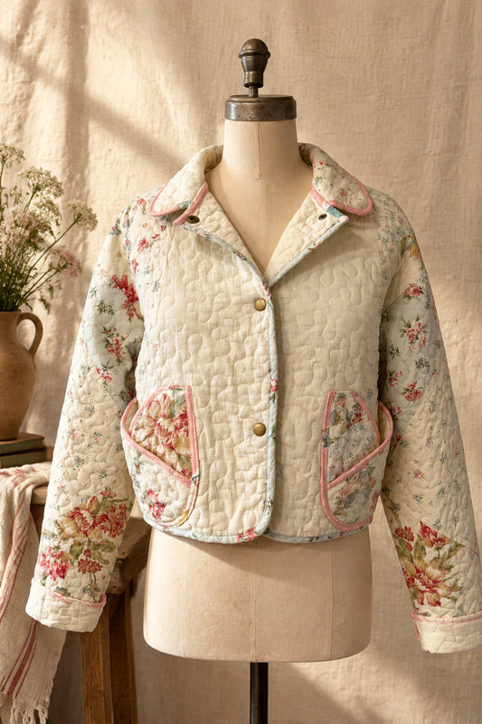 Patchwork Quilted Cropped Jacket with Collar | Upcylced Quilt