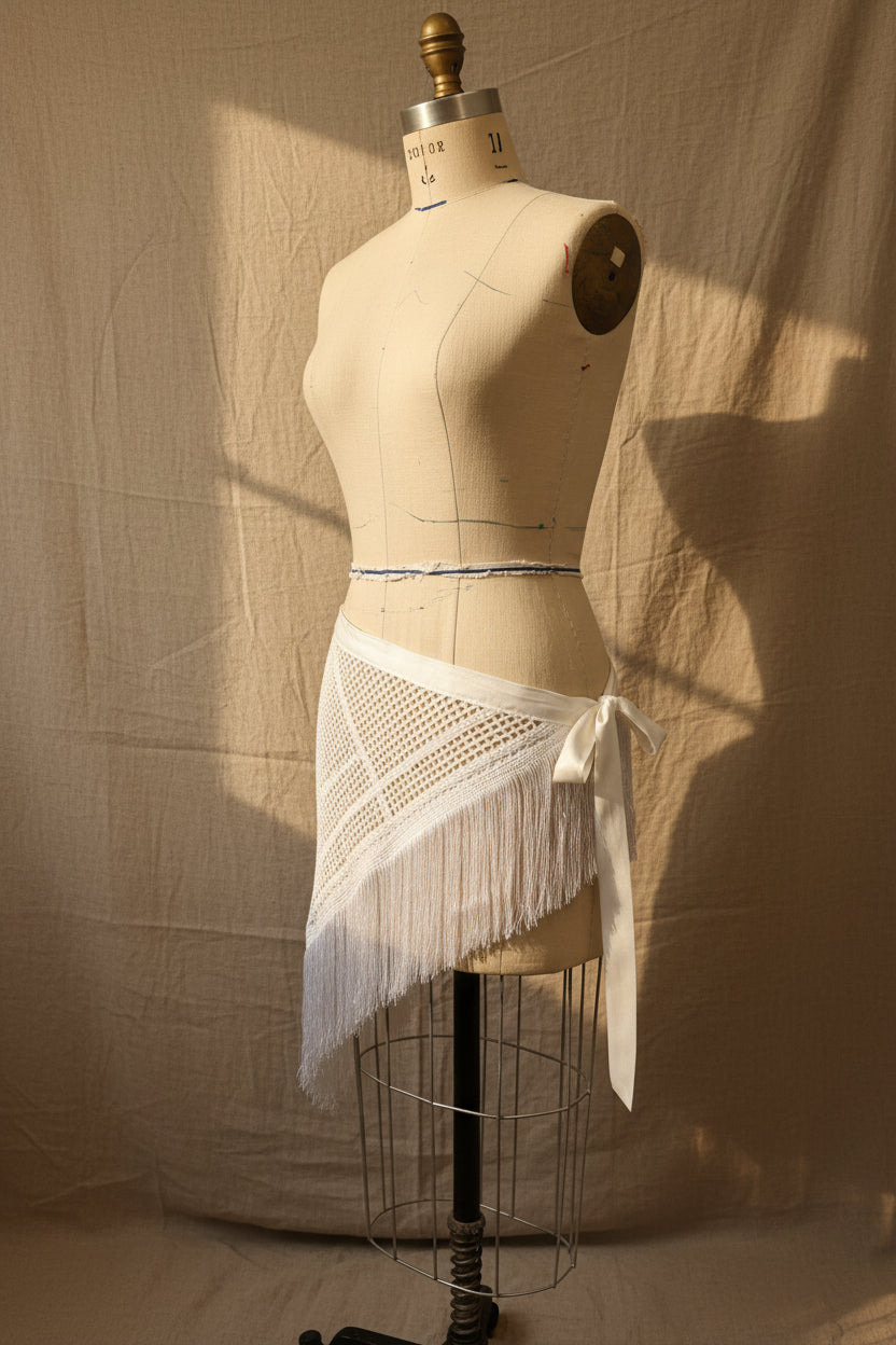 Ivory Crochet Hip Scarf with Fringe | Upcycled Crochet Table Linen